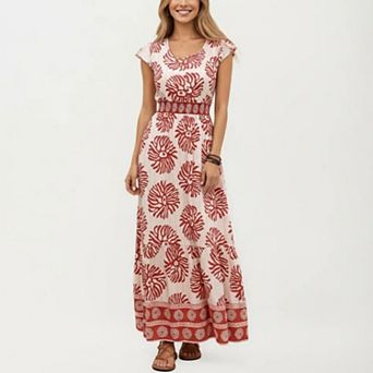 Short Sleeve Maxi Dress with Printed Design V Neckline Smocked Waist and Tiered Flowy Silhouette
