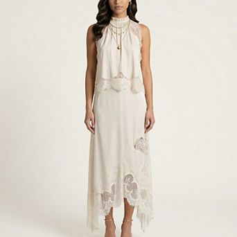 2 pc Set Sleeveless High Neck Lace Trim Top and Asymmetrical Hem Midi Skirt