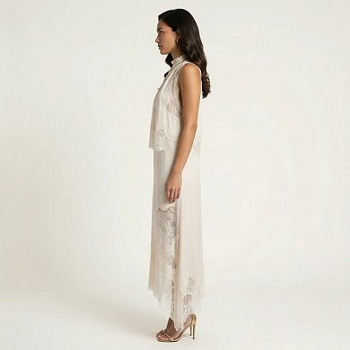 2-Piece Set Sleeveless High Neck Lace Trim Top and Asymmetrical Hem Midi Skirt