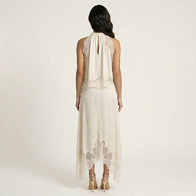 2-Piece Set Sleeveless High Neck Lace Trim Top and Asymmetrical Hem Midi Skirt