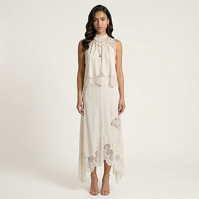 2-Piece Set Sleeveless High Neck Lace Trim Top and Asymmetrical Hem Midi Skirt