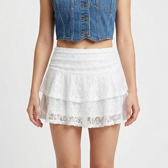 Lace Tiered Mini Skirt with Elastic Waist Ruffle Layers Sheer Overlay Feminine Fit