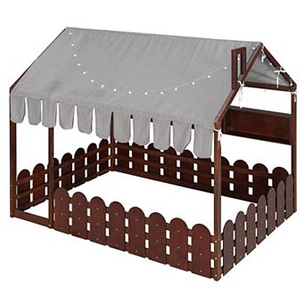 KWPZQEB Twin / Full Size Montessori House Bed with Fence Railings 7 Tent, Lights & 3 Storage Shelves