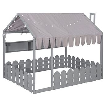 KWPZQEB Twin / Full Size Montessori House Bed with Fence Railings 7 Tent, Lights & 3 Storage Shelves