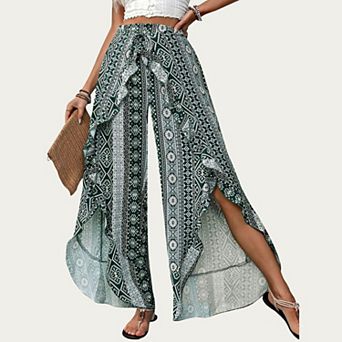 High Waist Wide Leg Split Wrap Pants with Bohemian Print and Adjustable Tie Waist