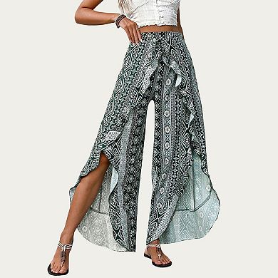 High Waist Wide Leg Split Wrap Pants with Bohemian Print and Adjustable Tie Waist
