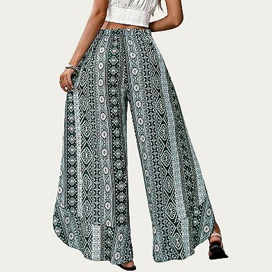 High Waist Wide Leg Split Wrap Pants with Bohemian Print and Adjustable Tie Waist