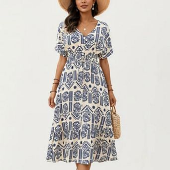 Short Sleeve Printed Midi Dress with V Neckline Drawstring Waist and Tiered Flowy Silhouette Design