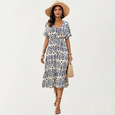 Short Sleeve Printed Midi Dress with V Neckline Drawstring Waist and Tiered Flowy Silhouette Design