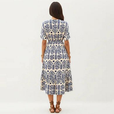 Short Sleeve Printed Midi Dress with V Neckline Drawstring Waist and Tiered Flowy Silhouette Design