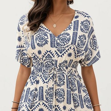 Short Sleeve Printed Midi Dress with V Neckline Drawstring Waist and Tiered Flowy Silhouette Design