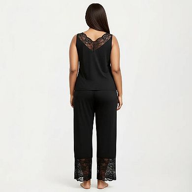 Women's Plus Size 2-Piece Set Lace Trim Camisole Top and Pants Matching Lounge Set Sleeveless V Neck