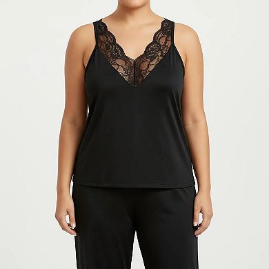 Women's Plus Size 2-Piece Set Lace Trim Camisole Top and Pants Matching Lounge Set Sleeveless V Neck