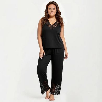 Women's Plus Size 2-Piece Set Lace Trim Camisole Top and Pants Matching Lounge Set Sleeveless V Neck