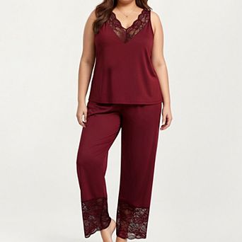 Women's Plus Size 2 pc Set Lace Trim Camisole Top and Pants Matching Lounge Set Sleeveless V Neck