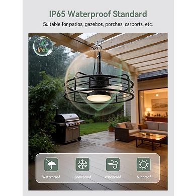 20" Outdoor Ceiling Fans with Lights Waterproof, Plug in Hanging Caged Black Ceiling Fan for Gazebo