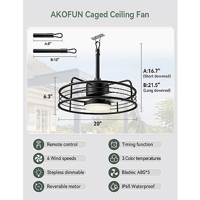 20" Outdoor Ceiling Fans with Lights Waterproof, Plug in Hanging Caged Black Ceiling Fan for Gazebo