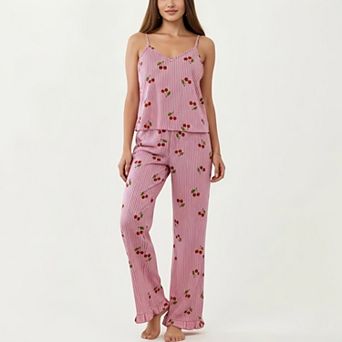 2 pc Set Sleeveless Pajama Cami Top with Adjustable Straps and Relaxed Fit Pants Sleepwear Set