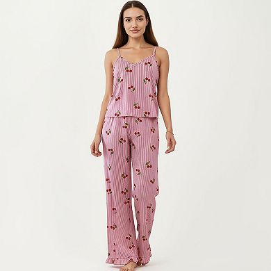 2-Piece Set Sleeveless Pajama Cami Top with Adjustable Straps and Relaxed Fit Pants Sleepwear Set