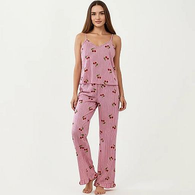2-Piece Set Sleeveless Pajama Cami Top with Adjustable Straps and Relaxed Fit Pants Sleepwear Set