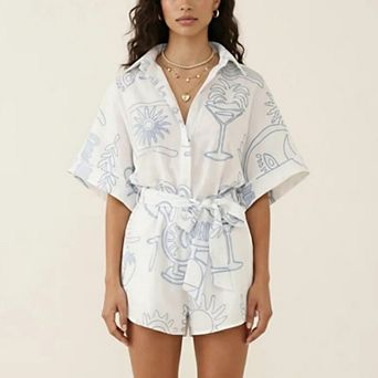 Short Sleeve Printed Romper with Collared Neckline Button Front Closure Waist Tie Relaxed Fit