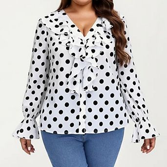 Women's Plus Size Long Sleeve Polka Dot Blouse with Ruffle Front Detail V Neck Lightweight Top