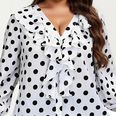 Women's Plus Size Long Sleeve Polka Dot Blouse with Ruffle Front Detail V Neck Lightweight Top