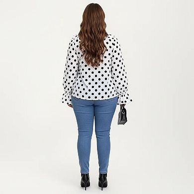 Women's Plus Size Long Sleeve Polka Dot Blouse with Ruffle Front Detail V Neck Lightweight Top