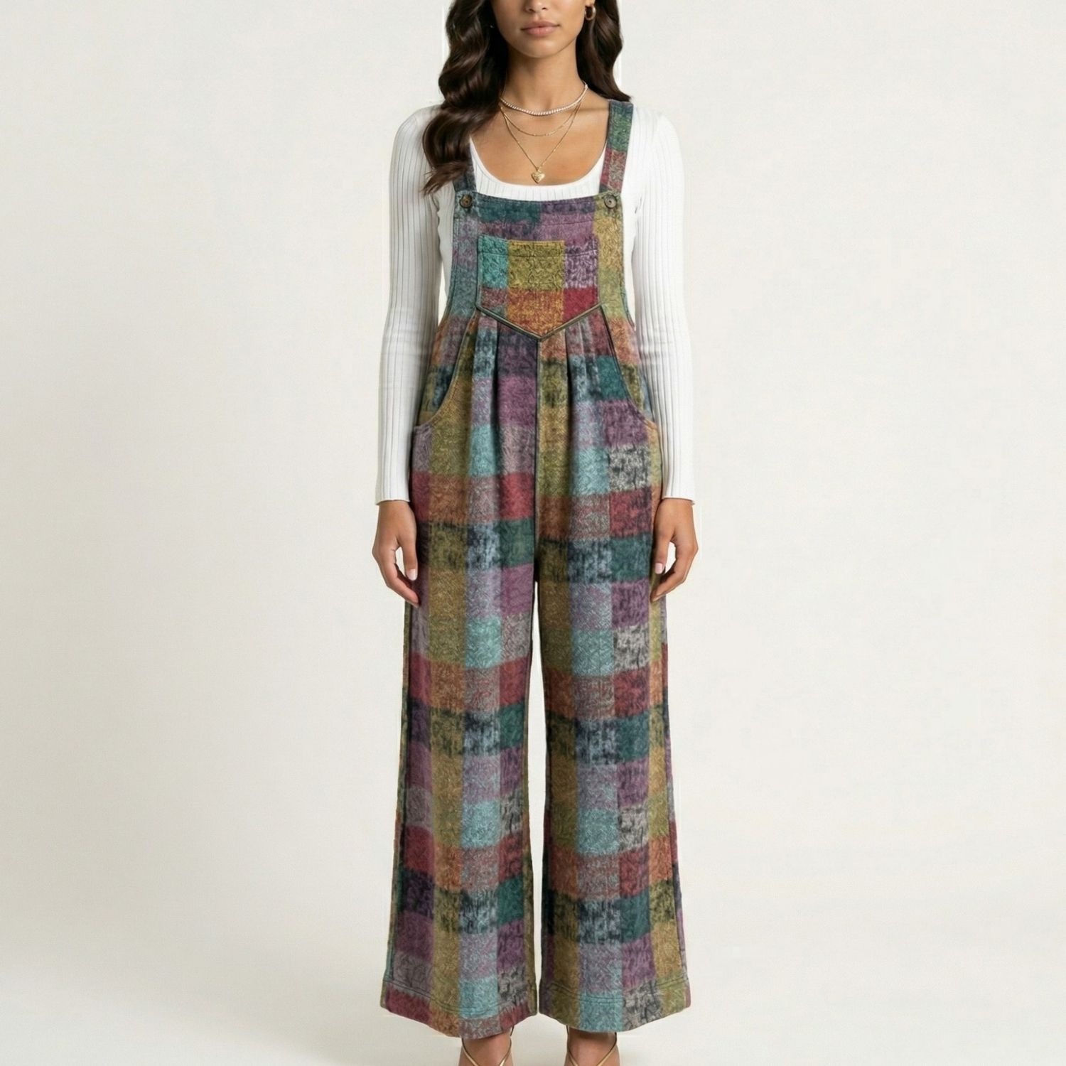 Женские комбинезоны Plaid Wide Leg Overalls Jumpsuit with Adjustable Shoulder Straps Front Pocket Relaxed Fit