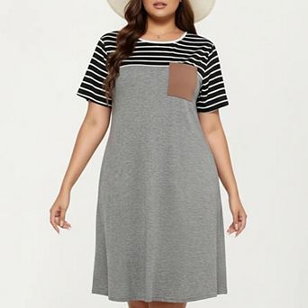 Plus Size Short Sleeve T Shirt Dress with Stripe Contrast Top Color Block and Chest Pocket Detail