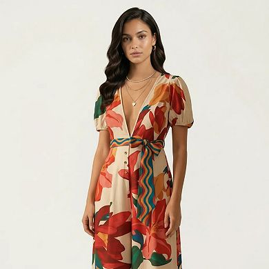 Short Sleeve Floral Wide Leg Jumpsuit with Deep V Neck Button Front Waist Tie Relaxed Fit