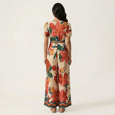 Short Sleeve Floral Wide Leg Jumpsuit with Deep V Neck Button Front Waist Tie Relaxed Fit