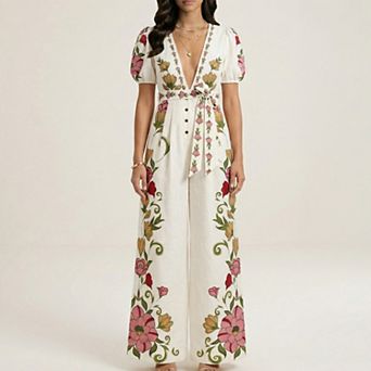 Short Sleeve Floral Wide Leg Jumpsuit with Deep V Neck Button Front Waist Tie Relaxed Fit