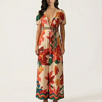 Short Sleeve Floral Wide Leg Jumpsuit with Deep V Neck Button Front Waist Tie Relaxed Fit