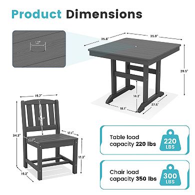 HDPE Patio Dining Set 35.8" Square Dining Table Set with 4 Armless Chairs (19.7"x21.3")