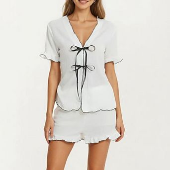 2 pc Set Short Sleeve V Neck Tie Front Pajama Top with Ruffle Hem Shorts Lounge Sleepwear Set