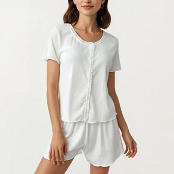 2 pc Set Short Sleeve Button Front Pajama Top and Relaxed Fit Shorts Textured Sleepwear Set