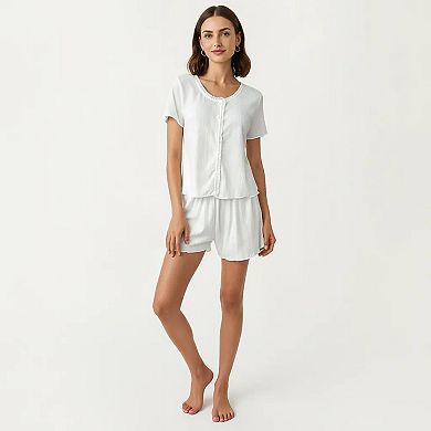 2-Piece Set Short Sleeve Button Front Pajama Top and Relaxed Fit Shorts Textured Sleepwear Set