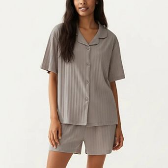 2 pc Set Short Sleeve Button Down Pajama Top with Notch Collar and Shorts Textured Sleepwear Set