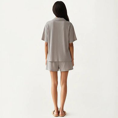 2-Piece Set Short Sleeve Button Down Pajama Top with Notch Collar and Shorts Textured Sleepwear Set