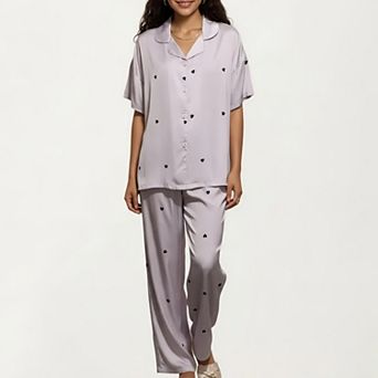 2 pc Set Pajama Short Sleeve Button Down Top with Notch Collar and Relaxed Fit Pants