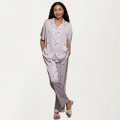2-Piece Set Pajama Short Sleeve Button Down Top with Notch Collar and Relaxed Fit Pants