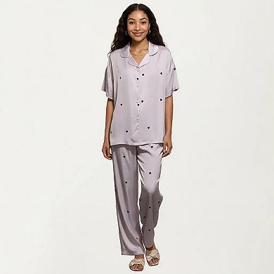2-Piece Set Pajama Short Sleeve Button Down Top with Notch Collar and Relaxed Fit Pants