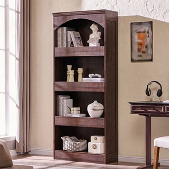 76" Tall Arched Bookcase, 4 tier Modern Wood Bookshelf with 3 Hidden Drawers for Living Room Bedroom