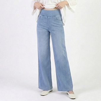 High Waist Wide Leg Denim Pants with Pull On Elastic Waist Stretch Fit Relaxed Silhouette