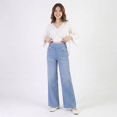 High Waist Wide Leg Denim Pants with Pull On Elastic Waist Stretch Fit Relaxed Silhouette