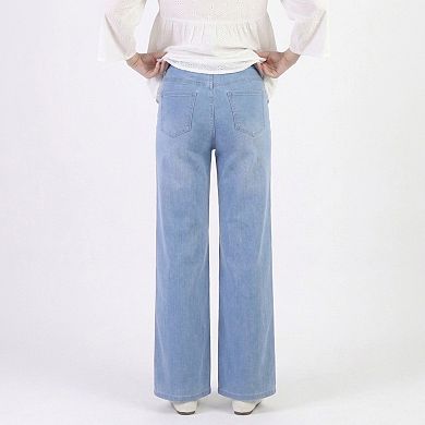High Waist Wide Leg Denim Pants with Pull On Elastic Waist Stretch Fit Relaxed Silhouette