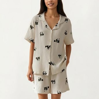2 pc Set Short Sleeve Button Down Pajama Top with Notch Collar and Relaxed Fit Shorts