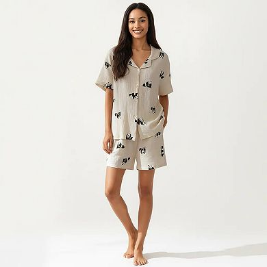 2-Piece Set Short Sleeve Button Down Pajama Top with Notch Collar and Relaxed Fit Shorts
