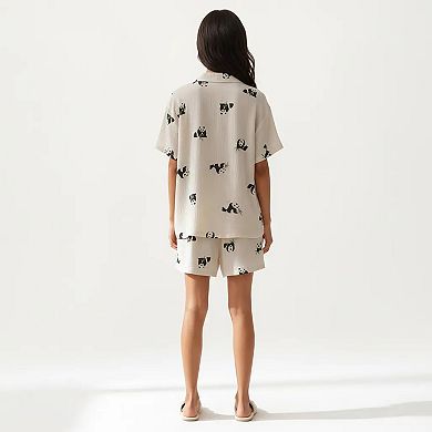 2-Piece Set Short Sleeve Button Down Pajama Top with Notch Collar and Relaxed Fit Shorts